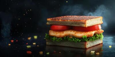 Delicious grilled chicken sandwich with fresh vegetables served on toasted bread photo
