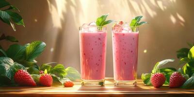 Refreshing strawberry mint smoothie served in tall glasses surrounded by fresh strawberries in natural light photo