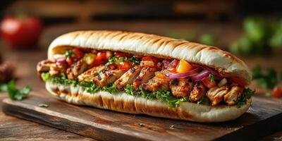 Delicious grilled chicken sandwich with fresh veggies on a wooden board captured in a cozy restaurant setting photo