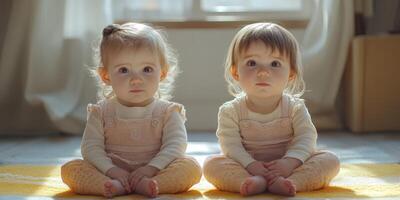 Twin toddlers sitting on a bright rug in a cozy room during the afternoon light photo