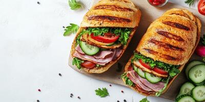 Savory sandwiches with ham, fresh vegetables, and herbs served on a wooden board for a delightful lunch experience photo
