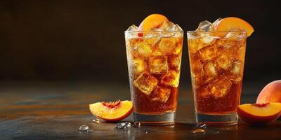 Refreshing iced tea with peach slices served in tall glasses on a dark background photo