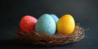 Colorful decorated Easter eggs in a nest on a dark background highlighting spring themes and festive traditions photo