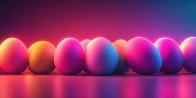 Colorful eggs arranged in a row with vibrant lighting effects during a creative art display photo