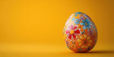 Brightly colored Easter egg decorated with flowers against a vibrant yellow background photo