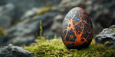 Unique speckled egg rests on moss-covered rocks in a natural setting photo