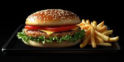 Juicy hamburger with melted cheese, fresh lettuce, ripe tomatoes, and crispy fries on a black background for an appetizing appeal photo