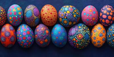 Colorful hand-painted Easter eggs arranged in a vibrant display on a dark background photo