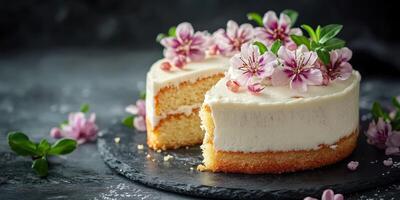 Delicious cake decorated with fresh flowers served on a dark slate board in a cozy kitchen setting photo