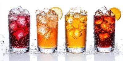 Refreshing assortment of sparkling beverages with ice and citrus garnishes on a clean background photo