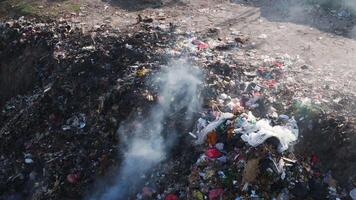 Illegal dump burning with toxic smoke and monkeys looking for food in Bali. Pollution by rubbish in landfill, aerial view. video