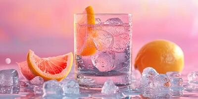 Refreshing drink garnished with citrus fruits and ice on a colorful background during a warm summer afternoon photo