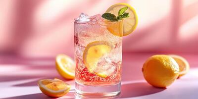 Refreshing sparkling lemonade served in a glass with lemon slices on a pink background during sunny afternoon photo