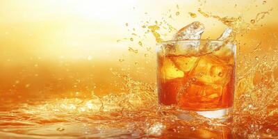 Refreshing drink in a glass splashes as ice cubes melt under warm sunlight at a summer gathering photo