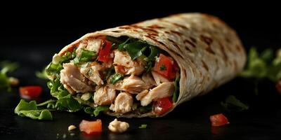 Delicious chicken wrap filled with fresh vegetables, perfect for a quick meal or snack during any time of the day photo