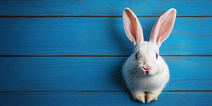 White rabbit sitting on a blue wooden surface in a bright and serene environment photo