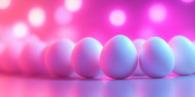 Colorful eggs arranged in a creative pattern against a vibrant backdrop with soft lighting photo