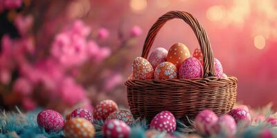Colorful easter eggs arranged in a wicker basket indoors with a floral backdrop during spring season photo