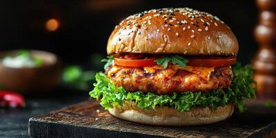 Delicious grilled chicken burger with fresh ingredients served on a wooden board in a cozy restaurant setting photo
