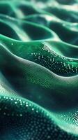 Detailed close-up of shimmering green fabric with intricate textures and patterns under soft light photo