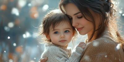 Mother and child enjoy a peaceful moment in a serene winter setting with falling snowflakes photo