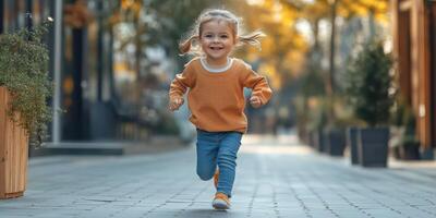 Child joyfully runs down a sunlit street lined with trees and plants during autumn in a vibrant neighborhood photo
