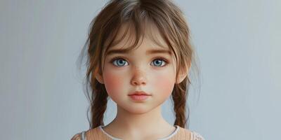 Young girl with pigtails and big blue eyes showcases artistic expression in a soft natural light setting photo