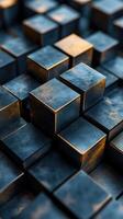 Abstract arrangement of metallic cubes illuminated by soft light creating a unique texture and pattern photo