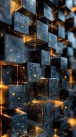 Abstract composition of glowing cubes in dark setting with sparkling particles creating a mesmerizing visual effect photo
