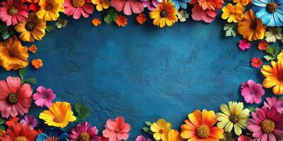 Colorful floral arrangement with vibrant blooms on a blue background suitable for design projects or decor photo