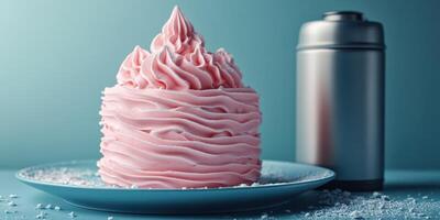 Delicious pink cake topped with creamy frosting and a shaker nearby on a blue plate photo