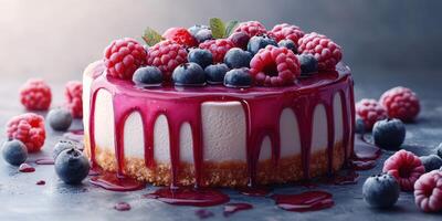 Delicious raspberry and blueberry cheesecake with glossy sauce on a textured background photo