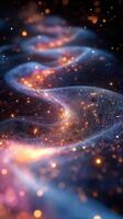 Cosmic swirl of glowing particles flows through the vastness of space in vibrant colors photo