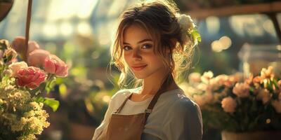 Young woman smiling surrounded by blooming flowers in a bright, sunlit greenhouse during spring photo