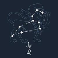Leo, constellation and zodiac sign on the background of the cosmic universe. Blue and white design. Illustration vector