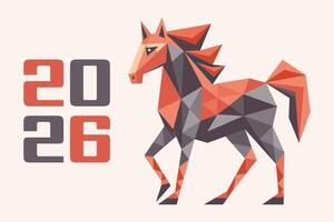 Happy New Year background with a geometric polygonal horse silhouette and the numbers 2026. Year of the Horse. Greeting card. Illustration vector