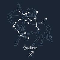 Sagittarius, constellation and zodiac sign on the background of the cosmic universe. Blue and white design. Illustration vector