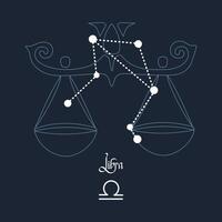 Libra, constellation and zodiac sign on the background of the cosmic universe. Blue and white design. Illustration vector