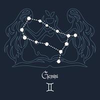Gemini, constellation and zodiac sign on the background of the cosmic universe. Blue and white design. Illustration vector