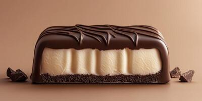 Delicious chocolate layer cake with creamy filling and rich cocoa base displayed on a smooth, warm background photo