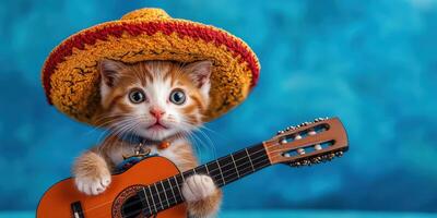 Cat wearing sombrero plays guitar against blue background in playful music scene photo