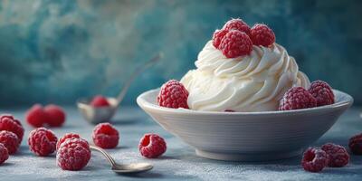 Creamy dessert topped with fresh raspberries served in a bowl on a textured surface photo