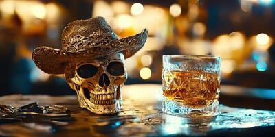Decorative skull with a cowboy hat beside a glass of whiskey on a rustic wooden table in a dimly lit bar photo