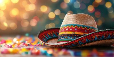 Colorful sombrero resting on a table surrounded by festive confetti at a celebration event in a vibrant setting photo