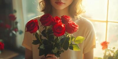 Woman holds bouquet of red roses near window with warm sunlight in a cozy room photo
