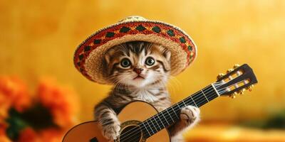 Cute kitten wearing a sombrero and playing a small guitar with a colorful background photo