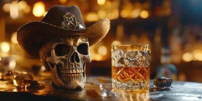 Skull with cowboy hat beside a glass of whiskey in a rustic bar setting at night photo