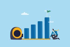 Measure success, growth or KPI, key performance indicator to compare with benchmark, growing progress, improvement or evaluation concept, businessman measure success growth graph with measuring tape. vector
