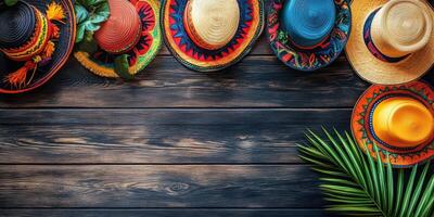 Colorful variety of traditional hats displayed on a rustic wooden surface with tropical leaves nearby photo