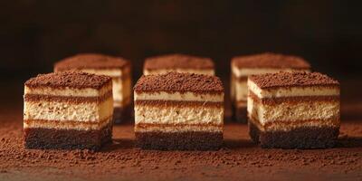 Sliced dessert squares arranged in a neat row with rich layers of cream and cocoa powder on top photo